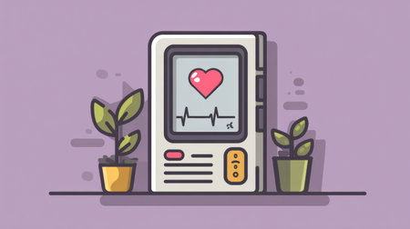 ECG device shows live pulse and heart details while plants add a touch of nature in a serene healthcare setting promoting wellness and relaxation.の素材