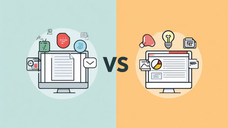 This infographic highlights the differences between traditional and digital marketing, utilizing icons and text boxes in a minimal and clean layout.の素材