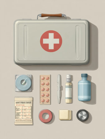 A collection of essential items organized in a neutral theme. This layout highlights a first aid kit, including bandages, medication, and tools.の素材