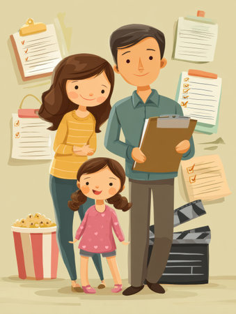 A family stands together smiling while holding a checklist for a movie project, surrounded by notes and a film slate, showcasing teamwork and planning.の素材