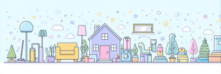 Explore five easy steps to declutter your home illustrated with charming house icons and a pastel palette, perfect for a stylish and organized living space.の素材