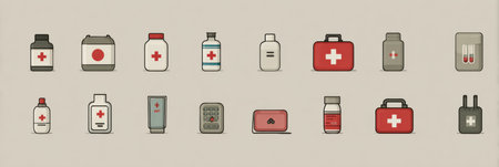 Infographic presenting various first aid kit essentials including medical supplies such as bandages, antiseptics, and medications for safety in emergenciesの素材