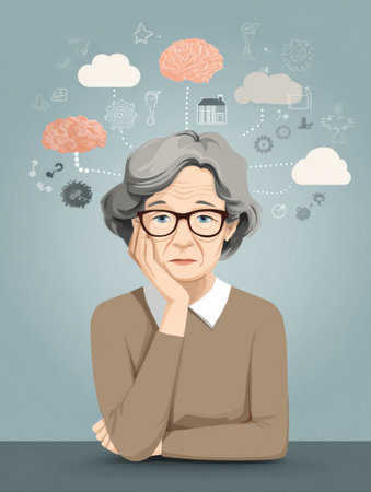 A thoughtful elderly woman looks concerned while signs of cognitive decline are represented with illustrations above her, showing brain-related elements.の素材