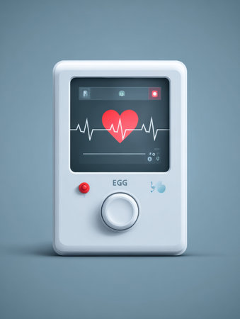Compact ECG device shows real-time heart pulse on screen, providing crucial health monitoring with an easy-to-use interface and visible heart icon.の素材