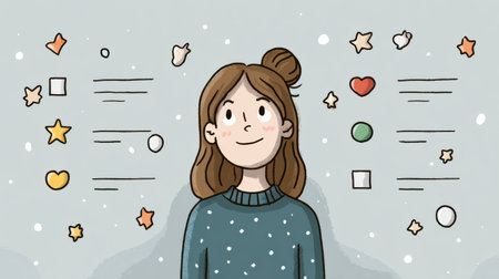A colorful infographic features a joyful character surrounded by various icons, promoting daily compliments and positive self-reflection techniques.の素材