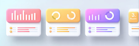 This infographic presents a dashboard concept with three distinct data blocks featuring bar and donut icons, designed to offer visual insights and analytics.の素材