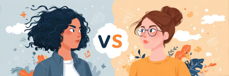 Two characters embody growth and fixed mindsets, showing their varied attitudes toward challenges, learning, and personal growth.の素材