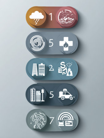Infographic presents a five-step crisis response plan featuring neutral icons that illustrate essential actions needed for effective emergency management.の素材
