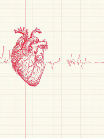 An EKG line flows into a detailed heart illustration, symbolizing life and vitality, with blank space in the upper right for additional notes or thoughts.の素材