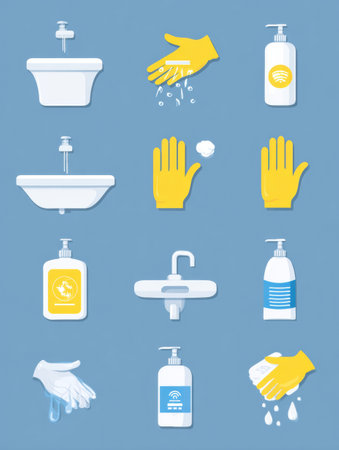 Visual guide outlining essential hand hygiene steps for maintaining safety and health in the workplace, featuring washing techniques and important products.の素材