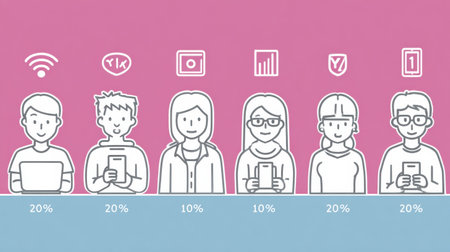 Data depicts 2025 internet usage for Gen Z, Y, and X through icons and percentages, showing their online behavior differences.の素材
