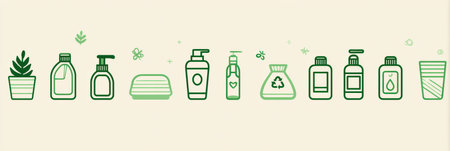 Explore a comprehensive infographic detailing sustainable alternatives for a plastic-free bathroom with product icons and suggestions for eco-friendly choices.の素材