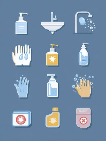 Various hand hygiene practices are displayed, emphasizing the necessity of washing hands, using sanitizer, and maintaining cleanliness for workplace safety.の素材