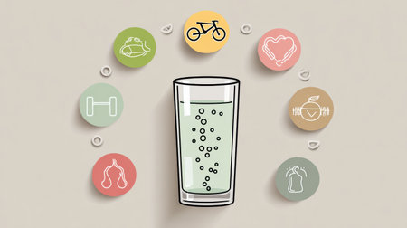 Discover the essential advantages of staying hydrated through visual representations, showcasing a glass of water and various health-related iconsの素材