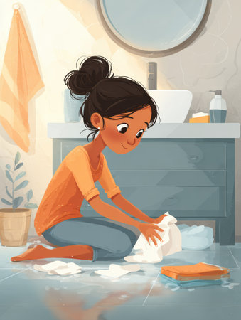 Child engages in a personal hygiene routine, washing hands and cleaning up in a bright bathroom while preparing for back-to-school season.の素材