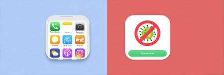 Visual representation of a fake app store screen shows popular app icons alongside a virus alert and an instruction to keep the left zone accessible for input.の素材