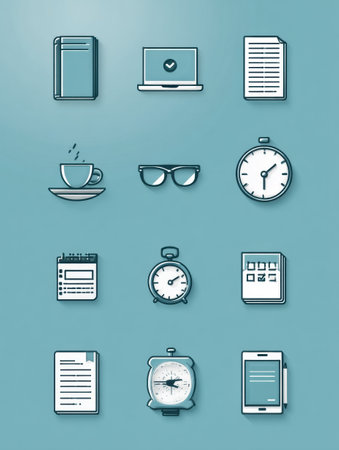 Infographic illustrates a deep work routine with various icons representing tools for focus, time management, and organization in a minimalist style.の素材
