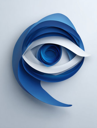 Complex layers of optical instruments assemble in an innovative way, forming a stylized eye in blue tones with a minimalist background and clean upper margin.の素材