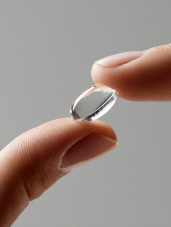 A close-up shows a transparent lens levitating above a fingertip, emphasizing its design and gentle handling in soft light.の素材