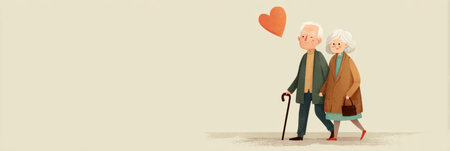 Elderly couple shares a joyful moment while walking hand in hand, showcasing affection with a heart-shaped cane against a soft background.の素材