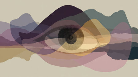 Abstract layered shapes merge to form an eye, with a soft, neutral background enhancing the visual impact of this artistic creation and design.の素材
