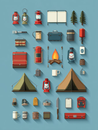 This infographic includes a camping essentials checklist with icons and illustrations of tents and gear for outdoor adventures.の素材