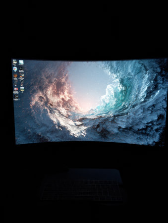 Screen shows a flickering login prompt that is stuck on an error, surrounded by a minimal right space in a dimly lit environment.の素材