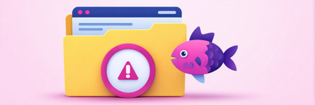 A digital representation of an antivirus scanner highlights a phishing folder, featuring a warning icon and a colorful fish to symbolize online threats.の素材