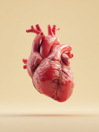A detailed 3D rendering of a heart model is suspended in mid-air against a clean, minimal background, highlighting its intricate anatomy and texturesの素材