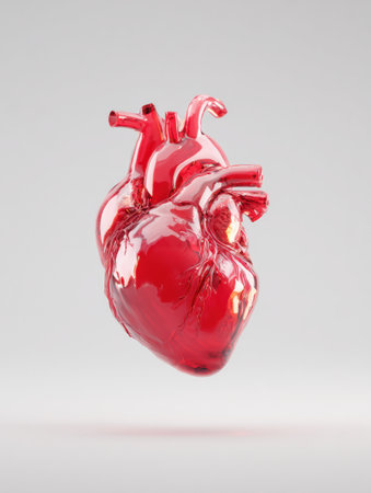 A detailed 3D anatomical heart model hovers above a clean, minimal background, highlighting its intricate anatomy and vibrant red color in a striking display.の素材