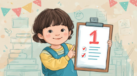 A young child holds a checklist featuring items to capture memorable moments on the first day of school, with a cheerful smile in a cozy room.の素材