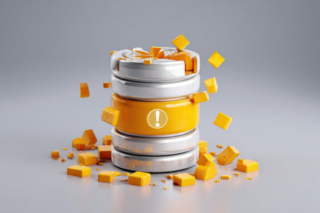 A broken database icon is surrounded by fragments demonstrating errors, while the upper third remains clean, highlighting potential data issues.の素材