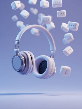 Headphones hover in mid-air, emitting serene audio as blocked messages gently float off to the side in a peaceful and clean environment.の素材