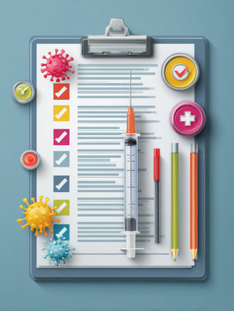 A detailed checklist outlines essential vaccinations for adults, highlighting age-specific recommendations alongside visual aids and health icons.の素材