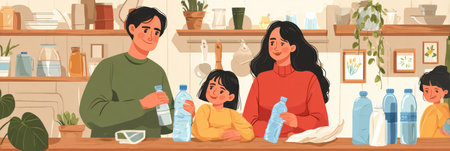 Family members gather around a kitchen counter, focusing on creative zero waste activities and learning about sustainability with recycled materials and bottlesの素材