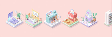 Augmented reality use-cases are shown with isometric 3D elements in pastel colors, highlighting applications in daily life.の素材
