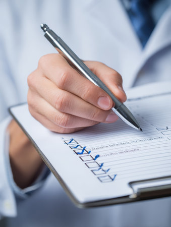 A person in a white lab coat reviews a checklist of medical screenings based on age group to ensure comprehensive health evaluations and recommendations.の素材