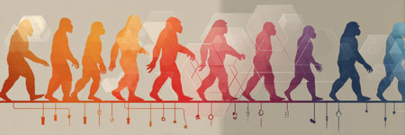 This infographic showcases the evolution of hominids, displaying silhouettes that represent various species and their progression over millions of years.の素材