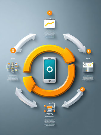Visual representation of the five steps in app development lifecycle featuring a mobile phone icon with arrows illustrating each stage clearly.の素材