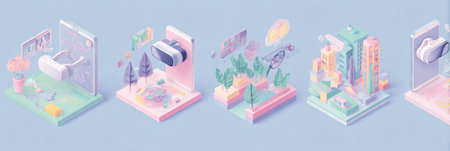 A pastel-themed design showcases isometric 3D elements, blending creativity and technology through diverse augmented reality applications.の素材