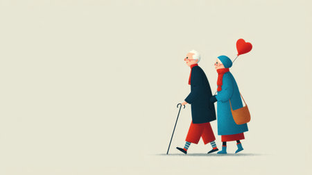 An elderly couple walks closely, sharing a heart-shaped cane, dressed warmly and enjoying a peaceful moment together in a light atmosphere.の素材