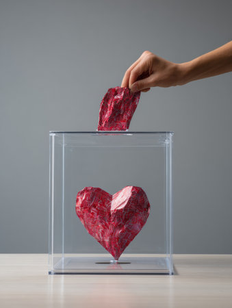 A hand is placing a red donation slip into a transparent box shaped like a heart, symbolizing support for a noble cause in a clean space.の素材