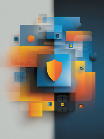 Visual representation of data privacy concepts featuring layered blocks of protection, shield icons, and user symbols in security-themed colors.の素材