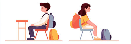 Tips for maintaining proper posture while wearing a backpack, emphasizing safety and comfort in classroom settings for students.の素材