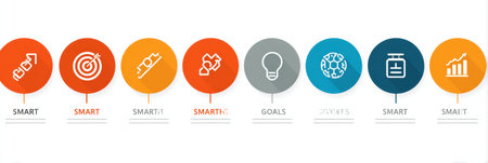 This infographic presents the SMART goals framework, detailing each component with icons and clear descriptions in a clean, flat design.の素材