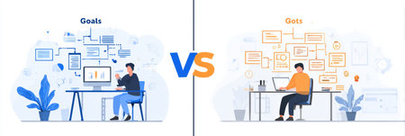 This infographic illustrates the differences between goals and systems, featuring a clear flat workflow design that separates the two concepts visually.の素材