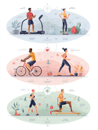 Infographic showcases various exercises including cardio, strength training, and flexibility with icons and short descriptions for each type to inform viewers.の素材