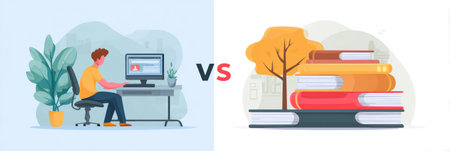 This infographic illustrates the differences between traditional classroom education and modern online learning, highlighting key features of each method.の素材