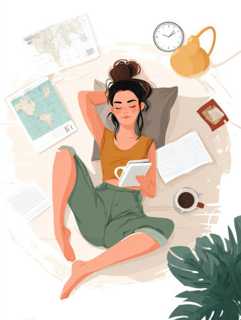 A person relaxes on a cozy floor while engaging in self-improvement by using a journal and reading selected books surrounded by maps and a clock.の素材