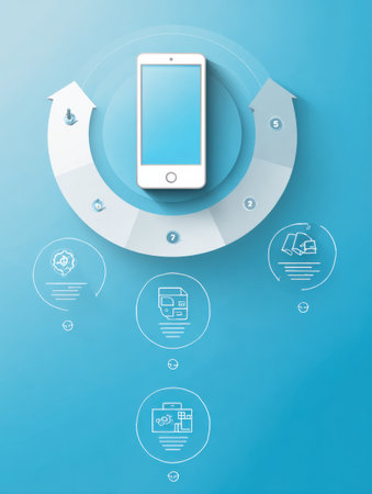 This infographic illustrates a 5-step app development lifecycle process, showcasing a mobile phone icon and clean arrows to guide the viewer.の素材